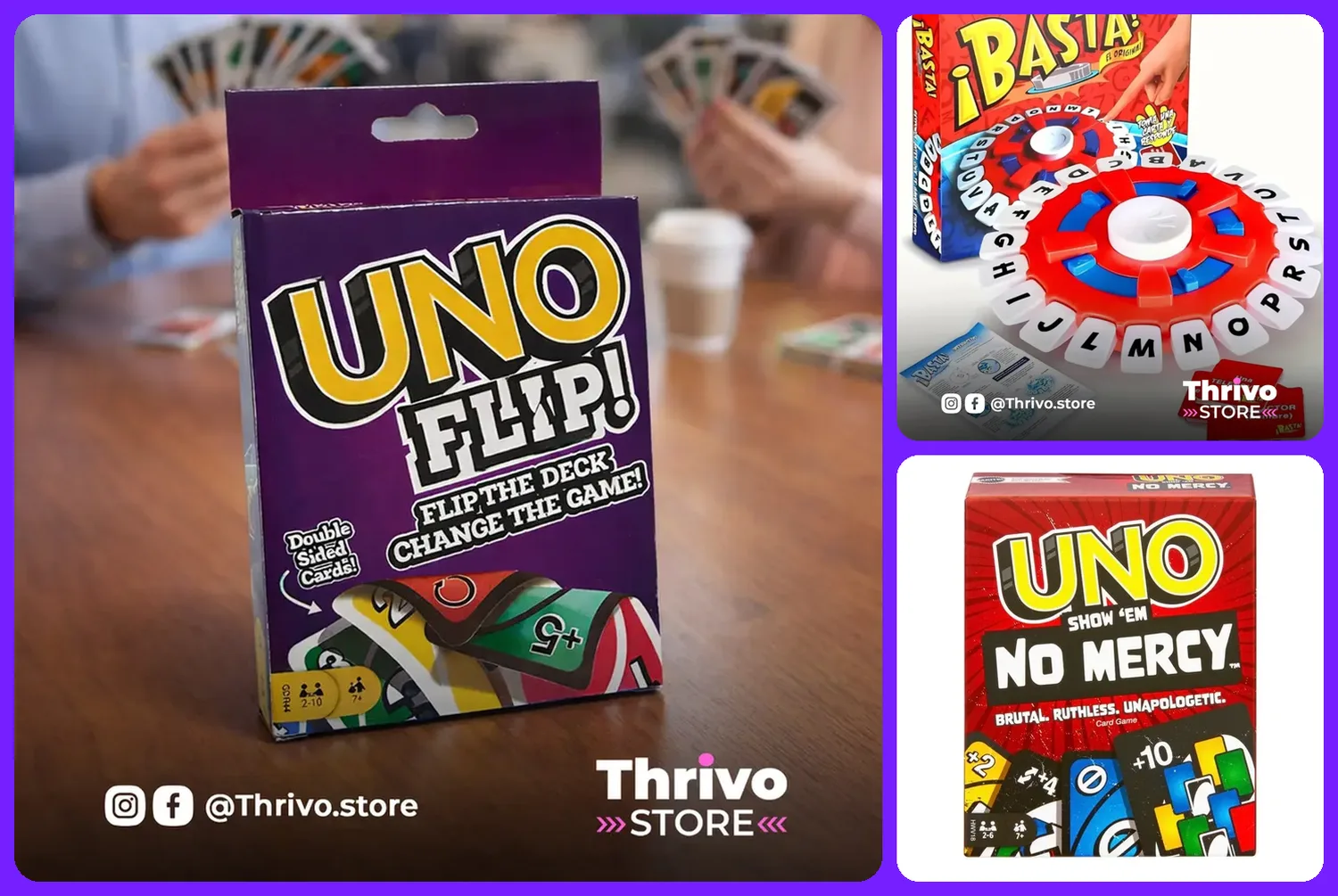 Juegos de mesa UNO FLIP, ¡Basta! y UNO No Mercy para convivios